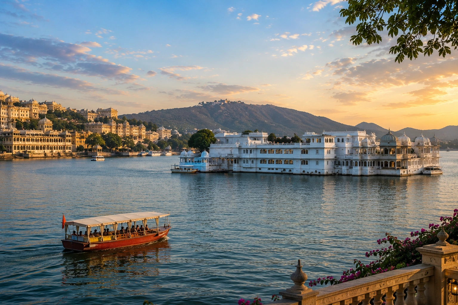 Boats on Lake Pichola in Udaipur at sunset