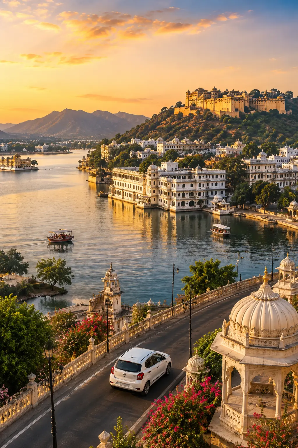 Scenic view of Udaipur lakes and palaces representing Kusum Taxi Udaipur's travel routes